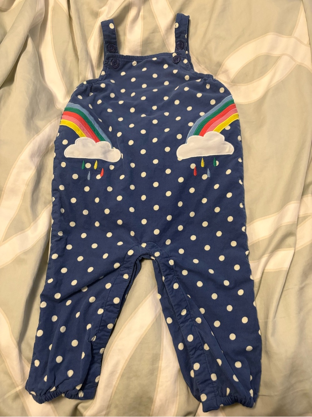 Mini Boden Navy Polka Dot Overalls with Rainbow Cloud Appliqués